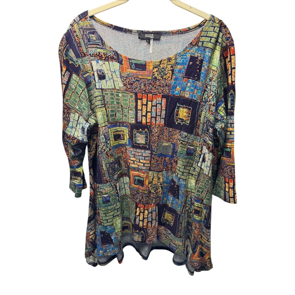 Lior Paris Womens Large Blue Green Mosaic Geometric Print 3/4 Sleeve Knit Top